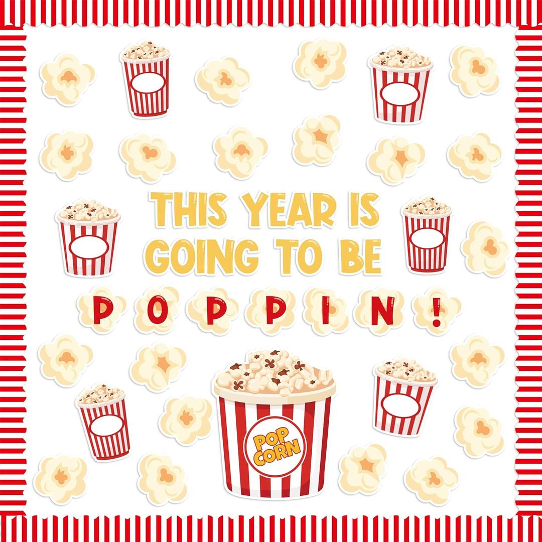 134Pcs Back to School Popcorn Bulletin Board Classroom Decoration Cute Popcorn Boxes Cutouts Name Tags Boarder Trim Back to School Popping Party Classroom Chalkboard Wall Door Decor Supplies
