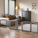 PUPETPO Freestanding Pet Gates with Walk Through Door, Dog Indoor Fence, Dog Gate for The House, Doorway, Stairs, Extra Wide Pet Gate, Support Feet Included, 120 Inch Wide, 6 Panels 24" Tall, Gray