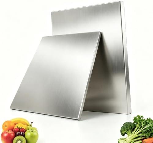 HannYorkii-G Stainless Steel Cutting Board with L-Shaped Lip & Silicone Pads, Heavy Duty Metal Prep Board for Kitchen Countertop, Non-Porous Surface for Meat, Dough & Vegetables (15.75 × 23.62 inch)