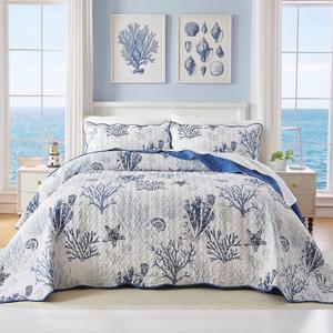 Qucover Coastal Quilt Sets King Size 106x98in, Reversible Microfiber Quilts with 2 Shams Soft Lightweight Beach Bedding Bedspread Coverlet Summer Comforter Set for All Season, Navy Blue