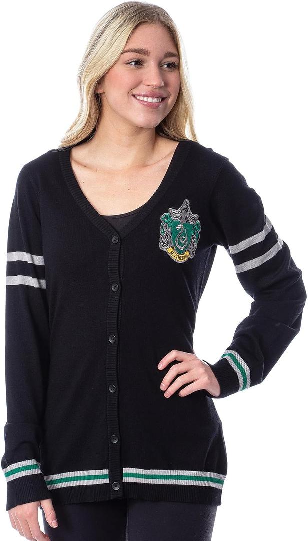 Harry Potter Womens' Slytherin House Crest Open Front Cardigan Juniors Knit Sweater, Medium, Slytherin