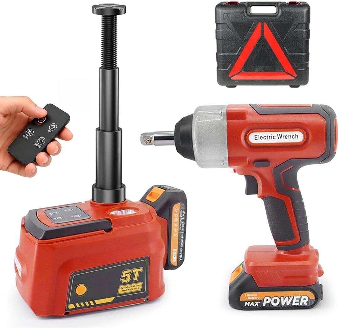E-HEELP Electric Car Jack 5 Ton Cordless, 12V Battery Hydraulic Floor Jack with Remote Control, Tire Change Kit with Impact Wrench & LED Light, Portable Auto Lifting Tool for Roadside Emergency SUV RV