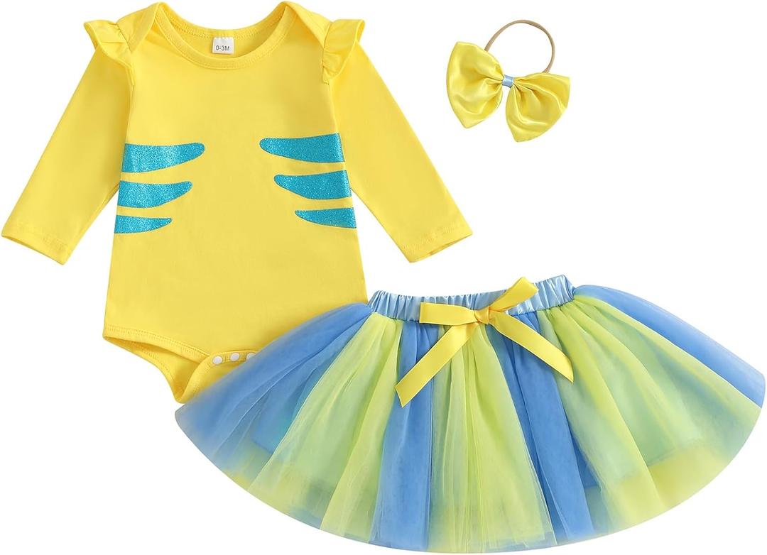 Newborn Baby Girl Halloween Outfit Flounder Costume Long Sleeve Romper with Tutu Skirt Infant Halloween Costumes (12-18 Months)