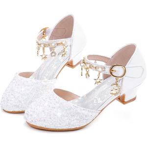 Furdeour Girls Dress Shoes Princess Crystal High Heels Closed Toe Party Wedding Flower Girls Shoes Toddler Little Big Kid (Whitesequins)