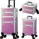 Rolling Makeup Train Case, 3-in-1 Makeup Trolley, Cosmetology Case on Wheels, Travel Makeup Organizer Case for Salon Barber Cosmetology Students, Nail Technicians, Hairstylists, and MUAs, Shiny Pink