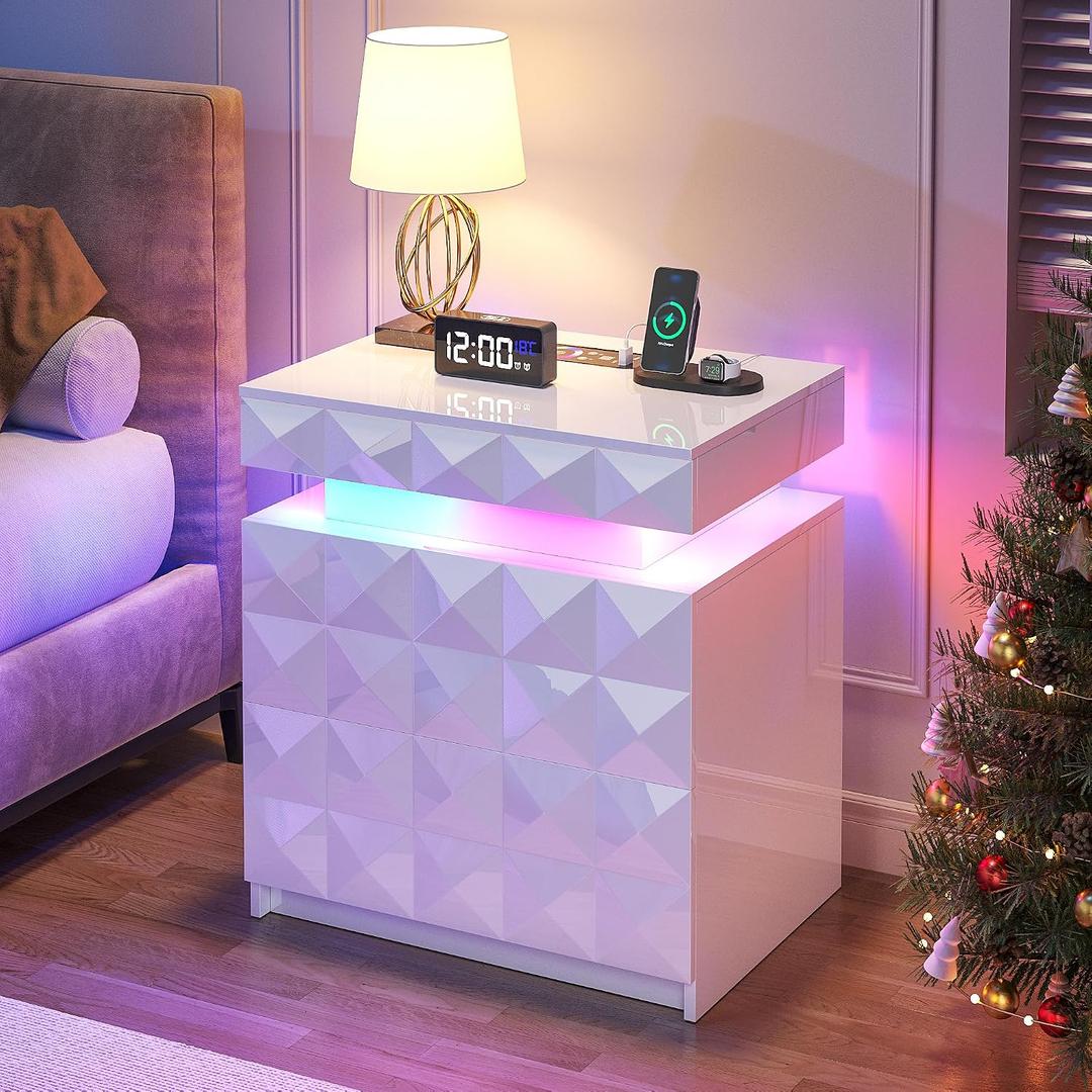 Dystler LED Nightstand with Charging Station,3 Drawers Night Stand with Lockable Hidden Storage,Smart Bedside Table with Human Sensor RGB Lights for Bedroom,White, 19.69" W x 15.75" D x 23.62" H