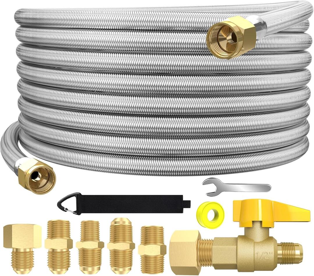 36 Foot 350PSI High Pressure Braided Propane Hose Extensions with Brass Gas Ball Valve, with Conversion Coupling 3/8" Flare to 1/2" Female NPT, 1/4" Male NPT, 3/8" Male for BBQ Grill, Fire Pit, Heater