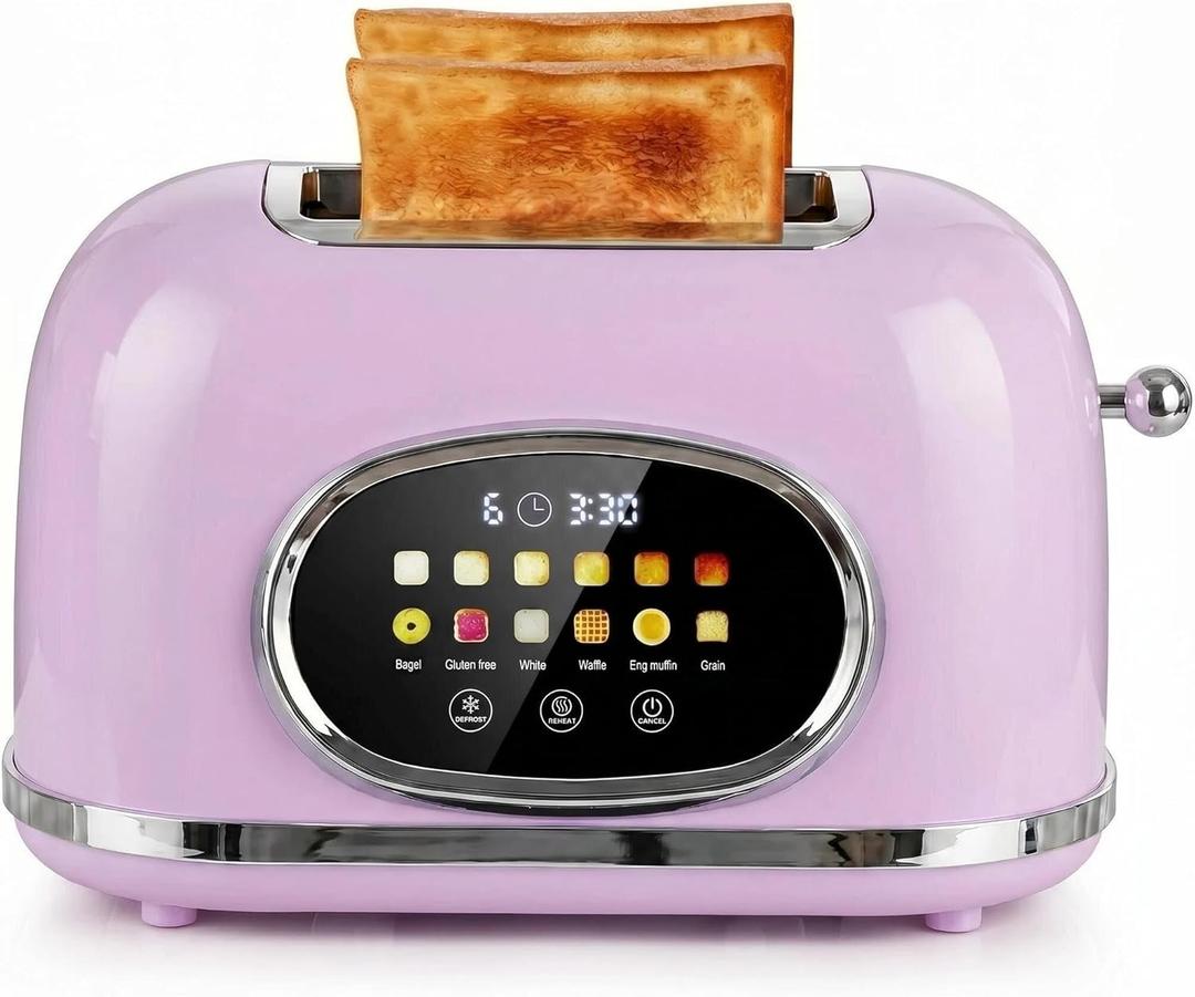 Roter Mond 2 Slice Toaster Smart Touch Screen, Retro Stainless Steel Bread Toaster with Digital Timer, Sleep Mode, Bagel, Cancel, and Defrost Functions, 6 Bread Types and Shade Settings, Light Purple (Pink)
