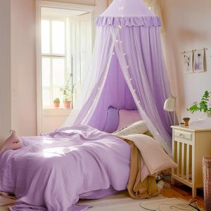 Bed Canopy with Star Lights, Double Layer Canopy for Bed, Princess Play Tent for Girls Room, Breathable Canopy Bed Curtain for Children Reading Nook, Machine Washable Canopy, 25.6''x106'', Purple