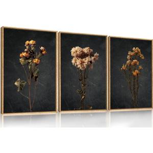 HOURIA Moody Boho Floral Framed Canvas Wall Art Set, Vintage Black Flower Wall Decor, Mid Century Minimalist Wildflower Artwork, Nature Retro Botanical Art Print for Living Room, Bedroom, Office- 16"x24"x3
