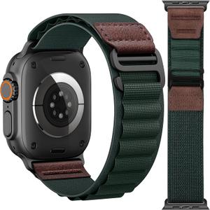 Alpine Loop with Leather Design for Apple Watch Ultra 3/2/1 Bands 49mm 46mm 45mm 44mm 42mm 41mm 40mm 38mm Men Women, Soft Stretchy Nylon Sport Band for iWatch Series 11 10 9 8 7 6 5 4 3 2 1, SE 3 2 1 (Dark Green)