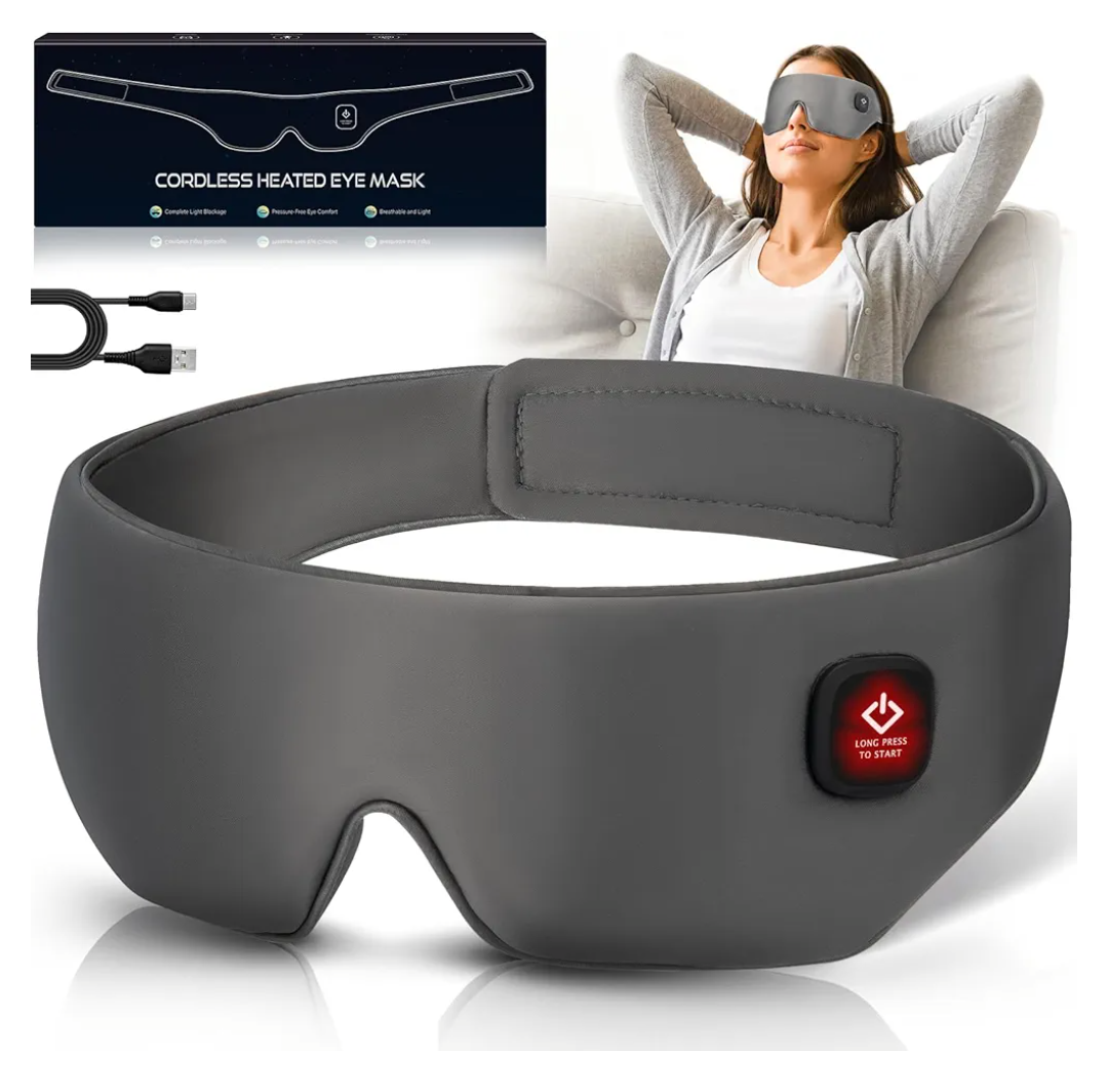 Silk Cordless Heated Eye Mask, Washable Sleep Mask Warm Compress Mask Soft Pressure Free Shade Blindfold Electric Eye Heating Pad for Blepharitis Sinus Stye Gifts for Men Women (Grey