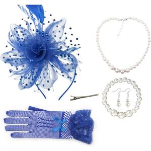 Women Fascinators Hats Veil Mesh Tea Party Derby Hat Bow Lace Gloves Pearl Jewelry Set for Women Cocktail Wedding (Blue)