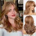 LEOSA Strawberry Blonde Wig With Curtain Bangs - Long Honey Wavy Layered Cut for White Women, Synthetic Mixed Hair for Daily Party Use (18 Inch)