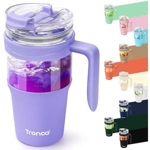 Tronco 32oz Glass Tumbler with Straw and Lid, Leakproof 2-in-1 Sip and Flip Straw Lid, Glass Water Bottles with Handle, Fit in Cup Holder, BPA Free, Dishwasher Safe (Purple)
