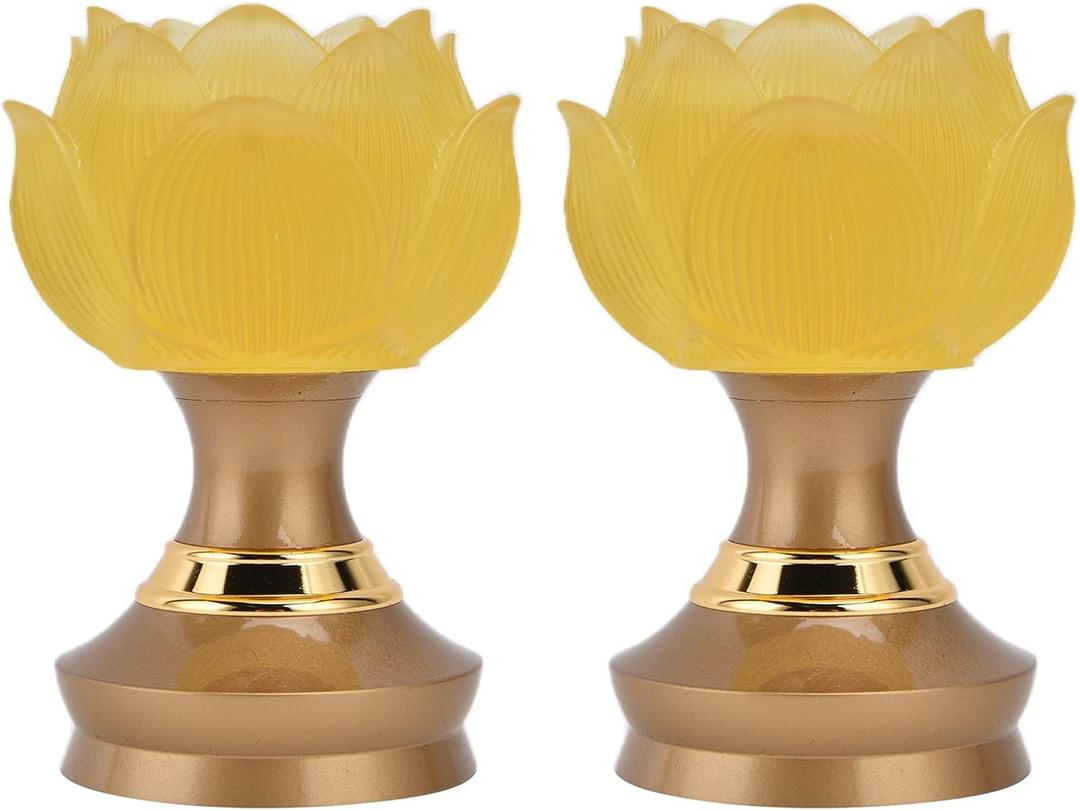 Yosoo Colorful Glass Lamp, 2Set LED Lotus Buddhist Light with Alloy Base Colorful Buddha Lamp Ornament Prayer Faith Supplies(01)