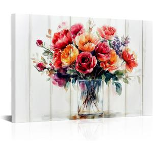 iLOOKLiKE Red Orange Flower Canvas Wall Art Floral Blooming on Wood Background Picture Prints for Girls Bedroom Kitchen Decor 16x24inch