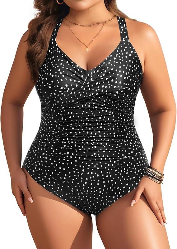 Aqua Eve Plus Size One Piece Swimsuit - Women's Tummy Control Bathing Suit Retro Full Coverage Swimwear 2025 Black Dot 22W