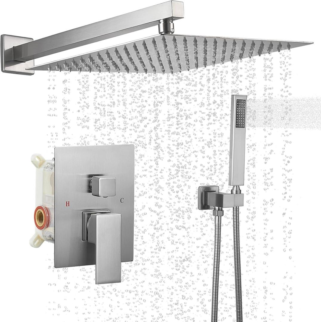 BWE 12 Inch Square Shower Head System 2-Functions Bathroom Luxury Rain Mixer Shower Combo Set Wall Mounted Rainfall Brushed Nickel Shower Faucet Rough-in Valve Body and Trim Included