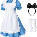Irtysh Girl Blue Dress White Apron Halloween Cosplay Costume With Bow Hair Band Stockings Set (Blue 3XL)