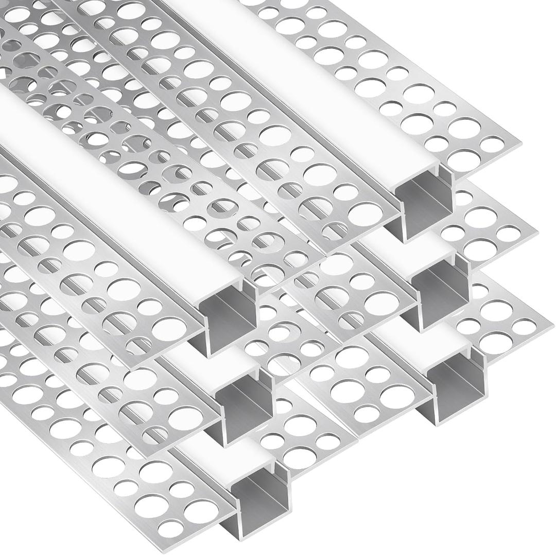 YGS-Tech Plaster-in LED Aluminum Channel, 3.3FT/1M 6 Pack Trimless Recessed LED Light Strip Diffuser Channel, Drywall Aluminum LED Profile with Milky Diffuser for Ceilings and Walls