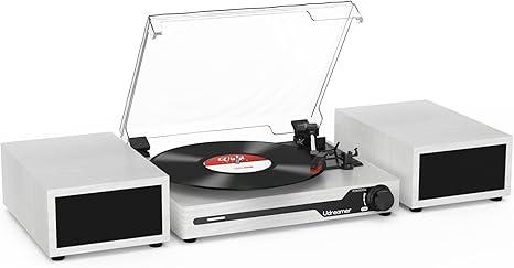 Vinyl Record Player with External Speakers BT 5.3 Wireless Turntable Portable with 3 Speed USB Vintage Wooden White
