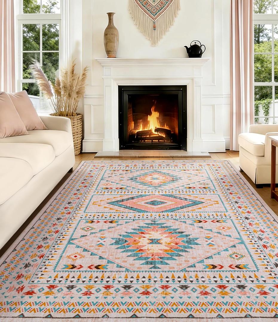 YIHOUSE Pink Tribal Rugs for Living Room, Washable 6x9 Area Rug, Non-Slip Boho Large Rug for Bedroom, Dining Room, Nursery (Pink/Blue)