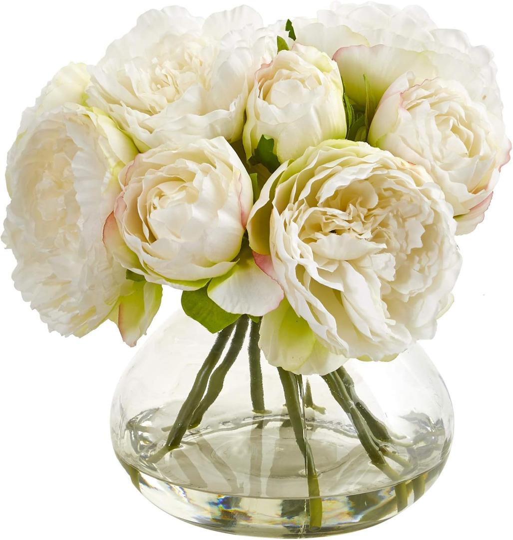 Nearly Natural Peony Artificial Arrangement in Vase (White)