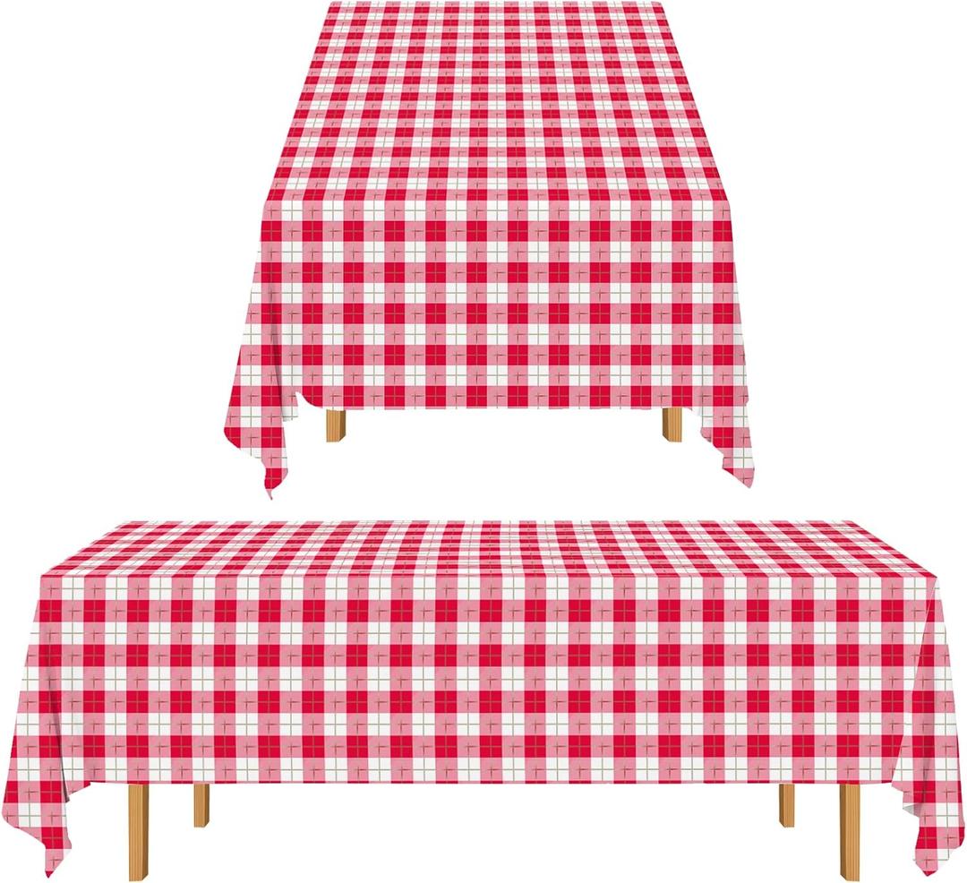 Gatherfun 3PCS Red White Gingham Rectangular Waterproof Tablecloth 54X108Inch Disposable Plastic Table Cover with Gold Stamping for Easter Picnic Barbecue Kitchen Holiday Birthday Party
