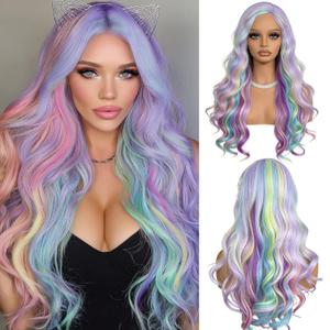 Rainbow Wig Long Wavy Curly Wigs for Women Colorful Wigs 26 Inches Rainbow Ombre Wigs Synthetic Cosplay Wig Pastel Colored Wigs Womens Hair Replacement Wigs for Girls Daily Party Costume Use