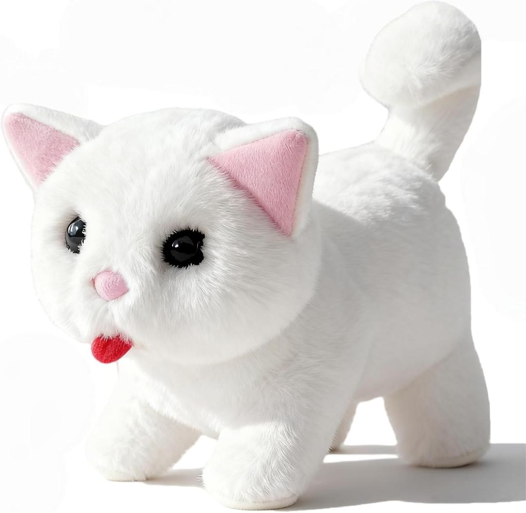 My Realistic Cat Toy - Interactive Robot Kitten with Meows, Walks & Tail Wagging - Premium Soft Plush Stuffed Animal for Cat Lovers - Bring Endless Joy and Warmth (White)