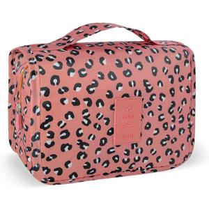 Large Capacity Toiletry Bag Travel Bag with Hanging Hook for Men and Women Waterproof Travel Cosmetic Bag Bathroom Storage Bag for Brushes Set,Full-Sized Shampoo,Accessories-Pink Leopard