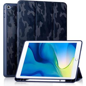 Akkerds Case Compatible with iPad 10.2 Inch 2021/2020/2019, for iPad 9th/8th/7th Generation Case with Pencil Holder, Protective Case with Soft TPU Back, Auto Sleep/Wake Cover, CamouflageBlue