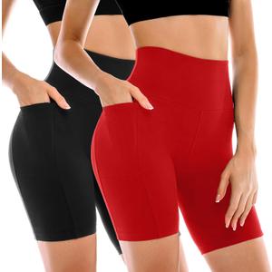 2 Pack Womens Biker Shorts with Pockets, High Waisted Yoga Shorts for Women Running Gym and Workout (XX-Large, Black/Red)