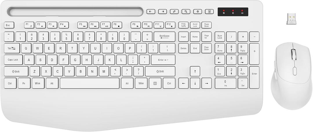 Wireless Keyboard and Mouse Combo - Full-Sized Ergonomic Keyboard with Wrist Rest, Phone Holder, Sleep Mode, Silent 2.4GHz Cordless Keyboard Mouse Combo for Computer, Laptop, PC, Mac, Windows, White
