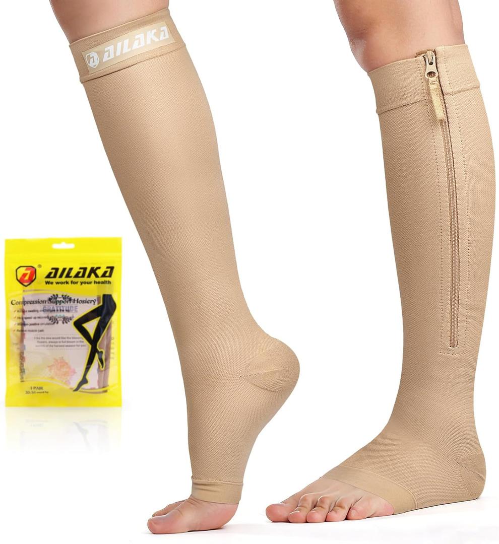 Ailaka Zipper Compression Socks for Women Men, 20-30 mmHg Open Toe Compression Socks Knee High, Ted Hose Compression Stockings for Edema, Varicose Veins (X-Large (1 Pair))
