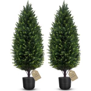 XCYNNS 3FT Cedar Topiary Trees Artificial Outdoor, Set of 2 Faux Cypress Tree with Pot, UV Rated Fake Pine Tree Potted Artificial Evergreens Faux Cedar Stems for Outdoor Planters House Front Door