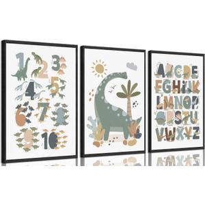 ZLXARTLA Dinosaur Alphabet Numbers Canvas Wall Art Kids Reading Room Wall Decor Pictures Nursery Prints Game Room Painting Artwork for Kids Room Playroom Classroom Reading Nook 16x24in