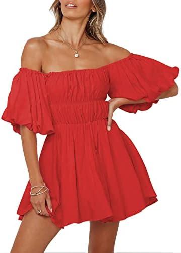 Dokotoo Womens Off The Shoulder Summer Dresses 2025 Short Lantern Sleeve Ruffle Elastic Waist A-Line Casual Mini Dress, S, Red