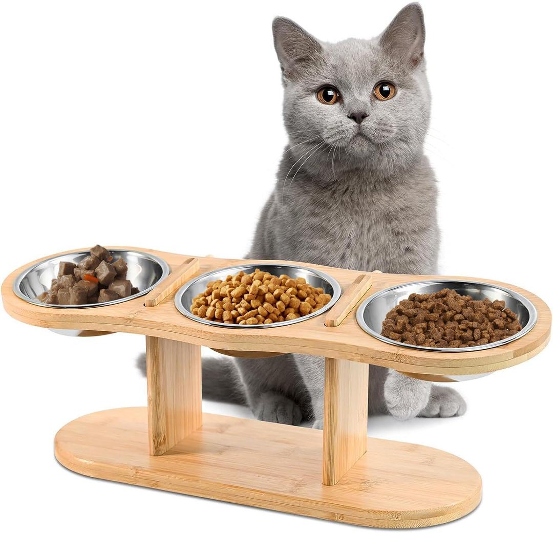 Elevated Cat Bowls - 3 Stainless Steel Cat Bowls with 15 Tilted Bamboo Stand for Indoor Cats, Small Dogs and Puppy