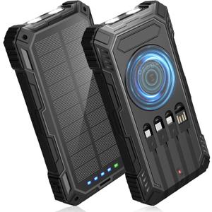 Solar Charger 49800mAh Power Bank - Wireless Portable Phone Charger with 4 Built-in Cable,22.5W Fast Charging Battery Pack USB C in/Output for All Cell Phone iPhone,Galaxy,Android,Etc(Black)