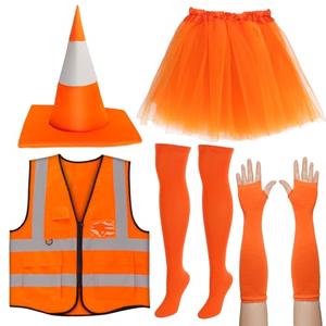 Kyson Traffic Cone Costume for Women 5 Pcs Orange Construction Cone Hat Vest Tutu Socks Arm Warmer Set for Halloween Party (Set A, Medium)