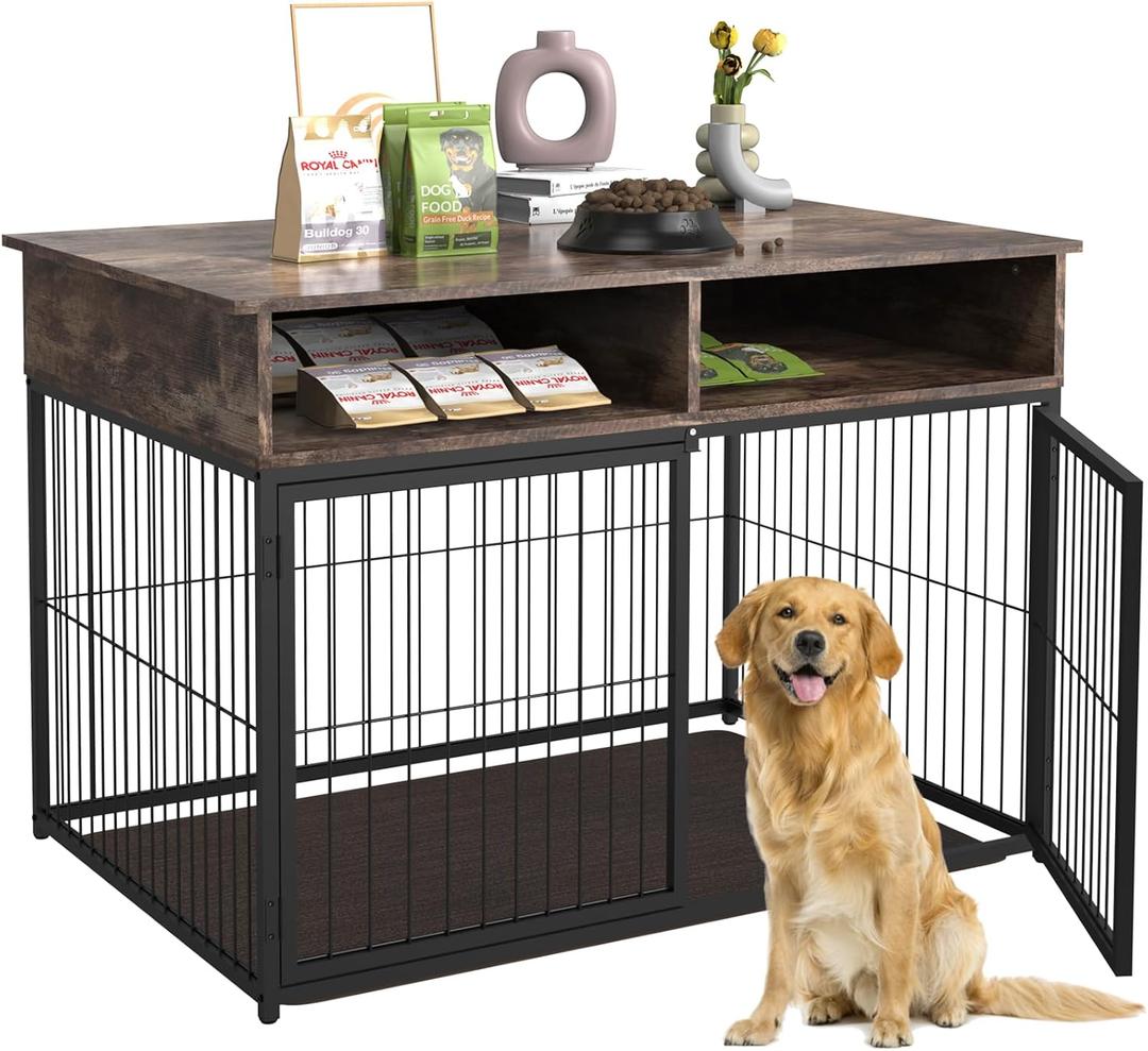 Bukfen Dog Crate Furniture with Cushion,Wooden Dog Crate with Double Doors,Dog Kennel Indoor,End Table Dog Cage House
