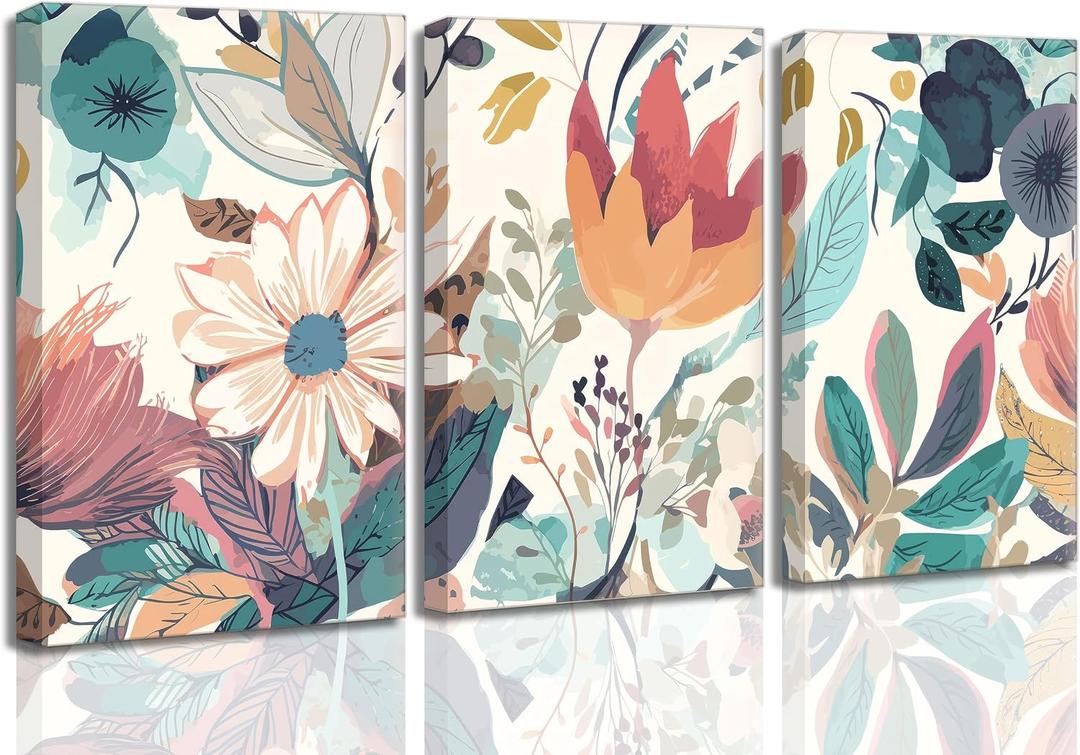 JASMIE 3 Pcs Boho Wild Flowers Canvas Wall Art