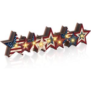 Yousoontic 4th of July Table Centerpieces, 3D Wooden Star Decorations with LED Lights, Patriotic Farmhouse Decor for Home Mantel Desk Office, Independence 250th Anniversary Memorial Day Party Decors