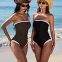 SUUKSESS Women One Piece Tummy Control Swimsuit Strapless Bandeau Bathing Suit (Brown, Small)