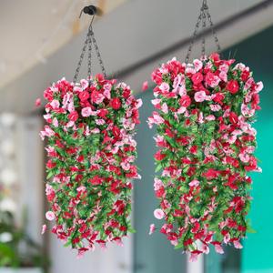Hotop 2 Set Artificial Flowers with Hanging Basket Includes 6 Pcs Morning Glory Vines Faux Outdoor Hanging Plants Waterproof UV Resistant Fake Flowers for Patio Spring Summer Decor(Rose Red, Pink)