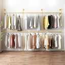Industrial Pipe Clothing Rack, Heavy Duty Metal Clothes Rack with Double Rods for Hanging Clothes, Wall Mount Space-Saving Garment Display Rack (Three, Gold)