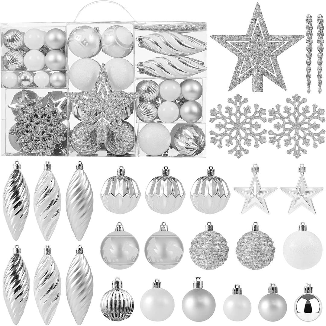 100ct Christmas Ball Ornaments Set - Assorted Shatterproof Hanging Tree Ornament Set with Reusable Hand-held Gift Package for Xmas Tree Holiday Party and Home Decor (Silver)