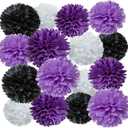 AWELL Purple Black White and Lavender Paper Pom Poms Tissue Flower for Birthday Graduation Retirement Halloween Party Decoration, 16 Counts